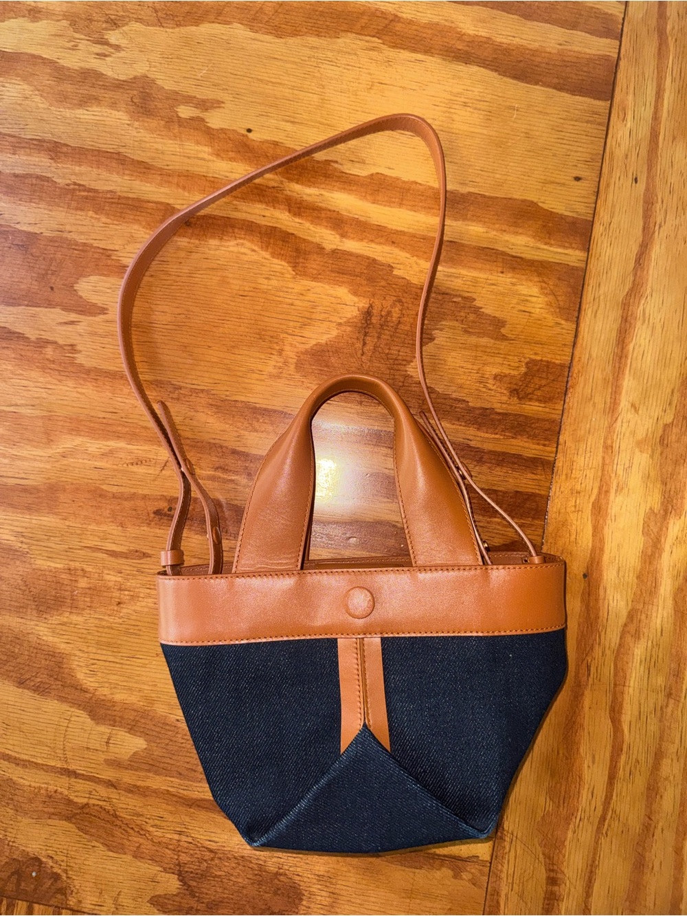 Ro Bag Gusset small denim tote with laramie leather trim in navy / aged camello